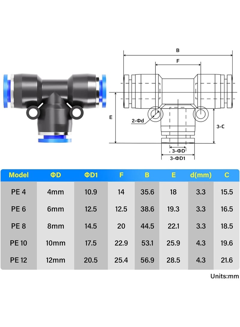 Pneumatic Blue Tee 3 Ways Tube Push to Connect Tube Quick Fittings Push Lock (Pack of 10) - Image 2